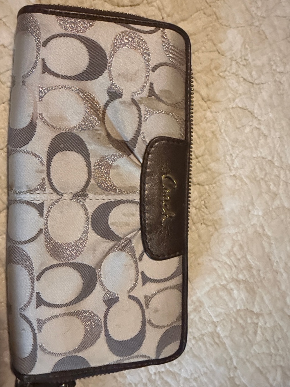 Coach Glitter Signature Zip Wallet in Beige and Gray